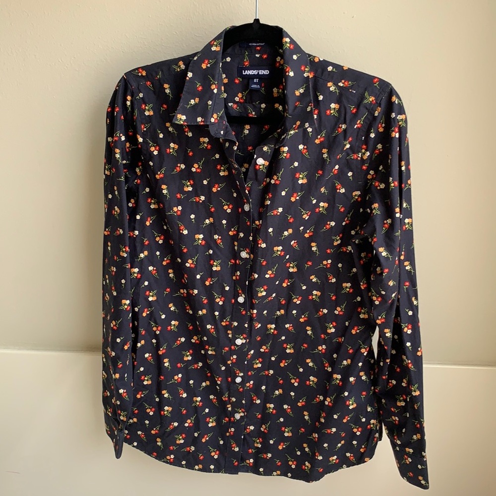 Navy multi floral Lands’ End button down 8 tall